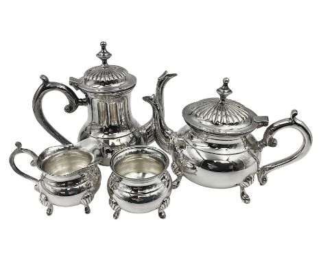 Miniature silver plated four piece tea service, comprising coffee pot, teapot, milk jug and sugar bowl, stamped GRC EPNS bene