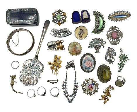 Silver hinged bangle, hallmarked, silver plated serving spoon and a collection of costume brooches and rings etc