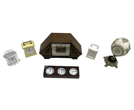 Haller German mantle clock, four battery operated mantle clocks and a weather companion set with three instruments.