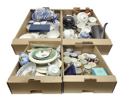 Collection of ceramics, to include Paragon tea set, commemorative ware, teapots etc in four boxes  