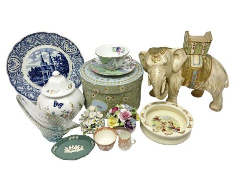 Royal Doulton Bunnykins nursery bowl, Fieldings elephant figure, Wedgwood Butterfly Bloom tea cup and saucer, boxed together 