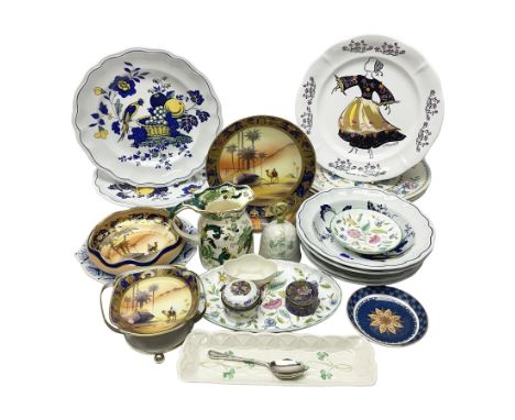 Belleek trinket dish, rectangular dish and bell, together with Minton Haddon Hall trinket dishes, Spode Blue Bird plates and 