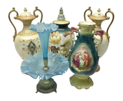 Blue glass single stem epergne with painted floral decoration, together with painted glass vase and three twin handled vases,