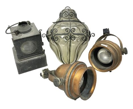 Pair of copper spotlights, together with glass porch light, and lantern  