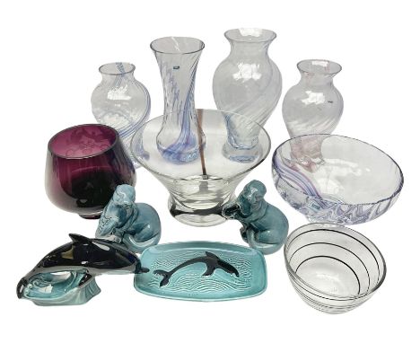 Three Poole pottery animals and a similar trinket dish, together with Caithness glass vase and bowls, and other similar glass