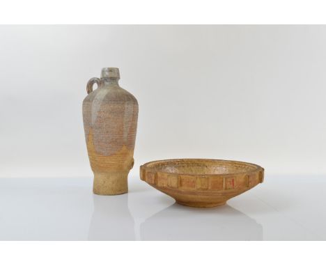 A contemporary pottery stoneware fruit bowl, by George Hearth dated 1971, 33cm diameter and a stoneware lamp base, same artis
