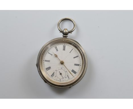 A Victorian silver open faced fob watch, white enamel dial, seconds subsidiary, Birmingham 1876, 5.5cm diameter, 142g