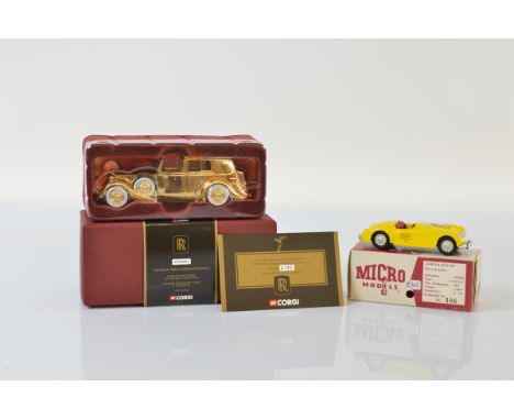 Corgi 1937 Rolls Royce Sedance Deville, CC06804 gold plated limited edition model together with a Micro Models MGA Roadster, 