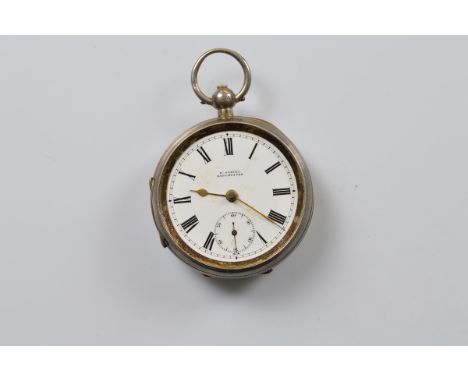 A George V silver open faced fob watch by H Samuel, white enamel dial, roman numerals, seconds subsidiary dial, missing glass