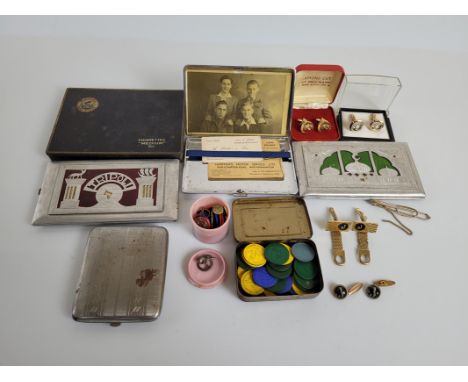 A collection of gentleman's jewellery, and other items including two WWII trench art aluminium cigarette cases from Tripoli, 