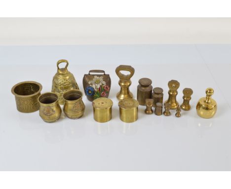 A small collection of metalware, including a pair of 1942 shell salts with broad arrow mark, a part set of brass bell weights