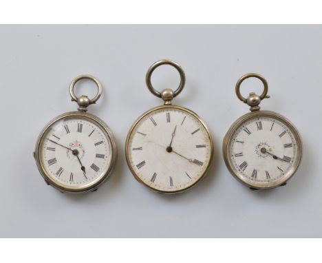 Three continental lady's open faced fob watches, all with white enamel dials, roman numerals, some af, total weight 126g (3)