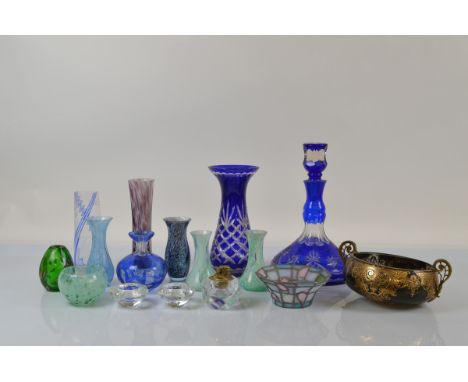 A collection of coloured glassware, including a Bohemian twin handled gilt metal and glass posey bowl, a large blue flashed c