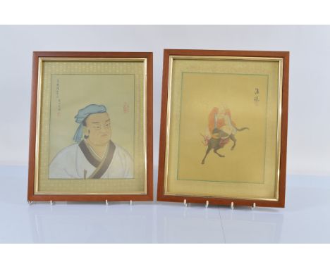A pair of Chinese painted panels depicting a sage on mythical horse and other portrait of a gentleman, 33cm x 26cm, framed an