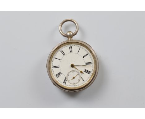 A Victorian open faced fob watch, white enamel dial, roman numerals, seconds subsidiary dial, missing glass, Birmingham 1900,
