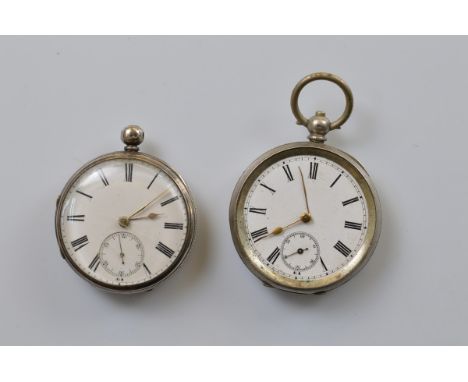 A Victorian silver open faced fob watch, white enamel face, roman numerals, seconds subsidiary, 4.4cm diameter, 94g together 