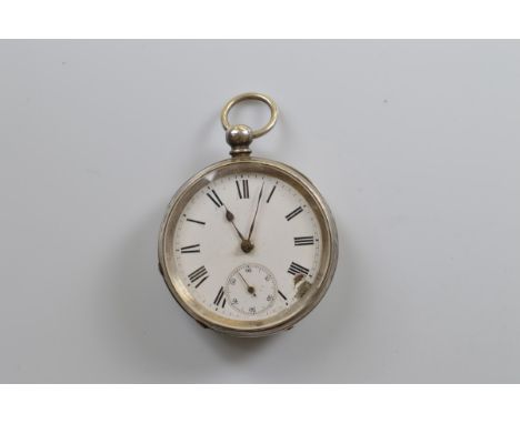 A continental white metal open faced fob watch, white enamel face, seconds subsidiary, 5cm diameter, 102g, heavily af