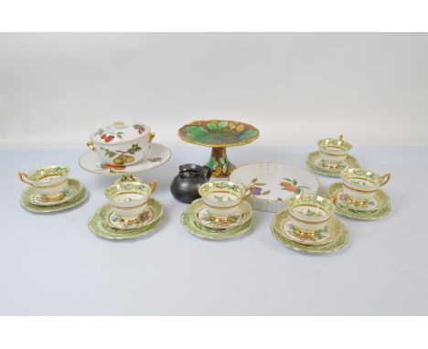 An Ashley six place transfer printed tea set, a 19th Century majolica style strawberry comport (af), and a small quantity of 