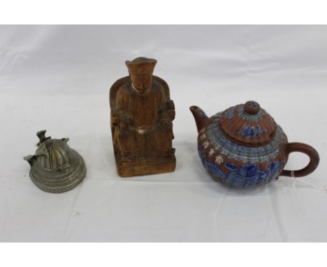 Three Chinese items 19th to 20th century, including Yixing teapot with blue enamel decoration and white enamel character mark