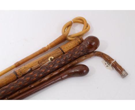 Old stepped Malacca walking cane, with gold coloured eyelets, together with a Congo cane stick, another with silver mounted c