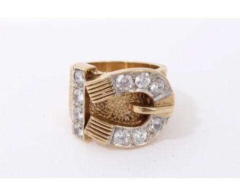 Gold 9ct large buckle ring set with ten white synthetic stones, ring size Z+Condition report: Total gross weight approximatel