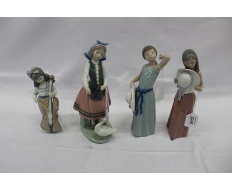 Four Lladro porcelain figures - girl with flowers, two girls with hats and girl feeding duck plus Nao figure (4)Condition rep