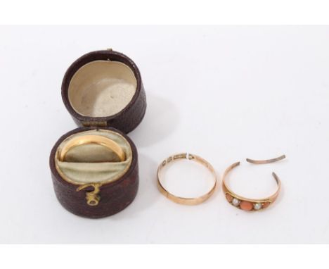 Gold 22ct wedding ring in old ring box, gold 9ct wedding ring and coral and seed pearl ringCondition report: Gold 22ct ring s