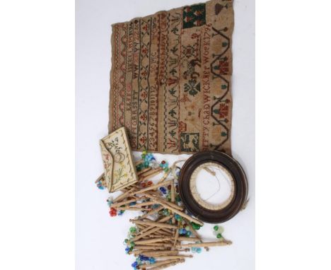 Regency silk purse, embroidered with floral garlands, hen and chicks, 12cm wide together with George III sampler signed Betty