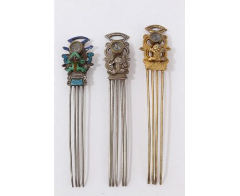 Three old Chinese hair ornaments, each with a compass and frog. 95mm