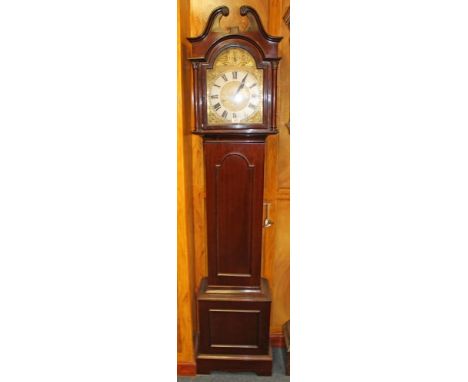 Early 20th century longcase clock with spring driven Westminster chiming movement, striking on gongs, brass 11inch break arch