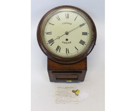19th drop dial wall clock by Turner of Ongar, with 8 inch painted dial in mahogany case, and key (2)