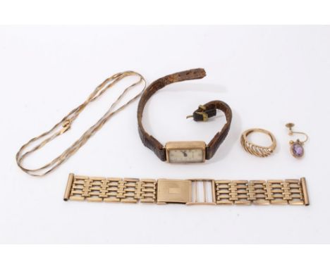 Group gold (9ct) jewellery to include watch strap, ring, three colour plaited chain, one amethyst drop earring and a gold cas