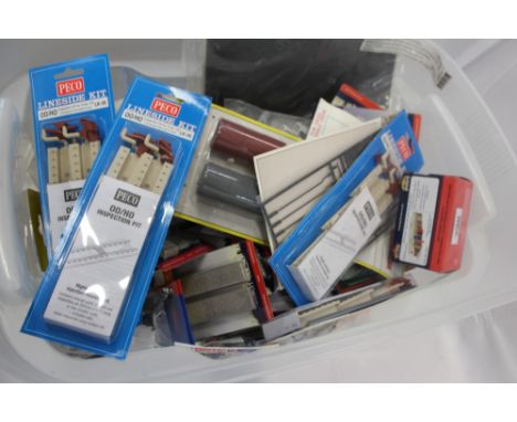 Railway large selection of accessories in plastic boxes and loose, including buildings, Athean kits, various track-side kits,