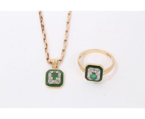 18ct gold emerald, diamond and green enamel dress ring with octagonal bezel on gold shank, together with a matching pendant o