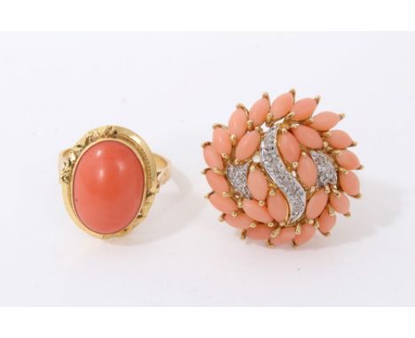 Gold 18ct oval coral cabochon ring, size Q and gold (585) coral and diamond large cluster ring, size PCondition report: Gold 
