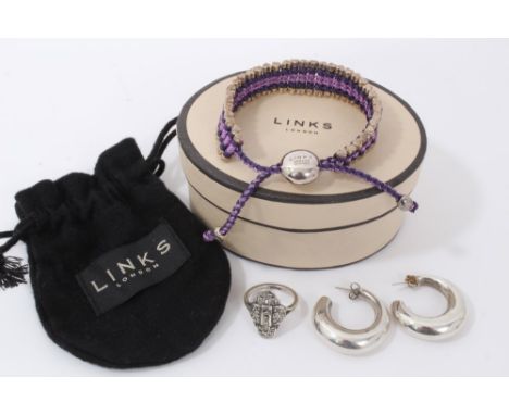 Links of London Purple Glitter Heart Friendship Bracelet in original pouch and box, together with pair of silver hoop earring