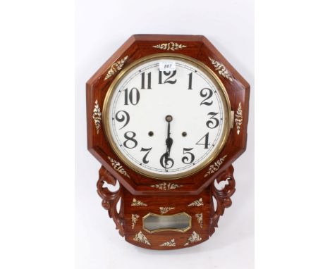 Victorian drop dial wall clock with circular painted dial in rosewood veneered case with mother of pearl inlaid decoration 42