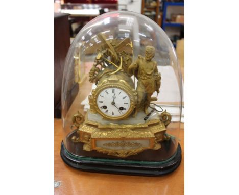 Late 19th Century French mantel clock with 8 Day striking movement in gilded spelter and alabaster case, under glass dome. Ov
