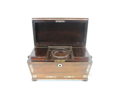 Victorian Rosewood sarcophagus tea caddy with inlaid mother of pearl decoration and ring handles, complete with interior, 33c