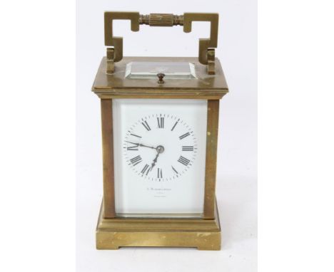 Good quality large brass cased carriage clock with enamel dial signed Barraclough and repeating movement
