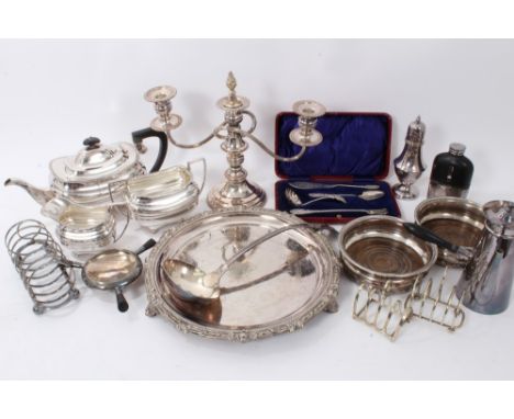 Large selection of miscellaneous silver plate, including a three piece tea set, pair wine coasters, circular tray, cafe au la