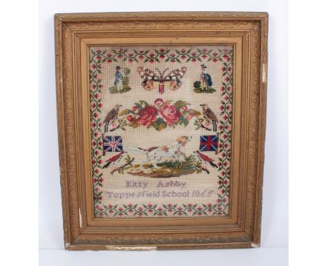 Victorian Sampler cross stitch embroidery depicting figures, birds, roses and dog within a scrolling rose bud border. Kitty A