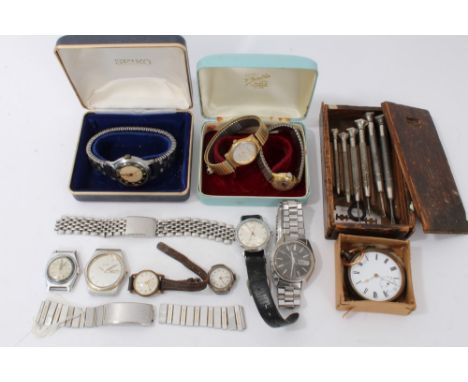 Group vintage wristwatches including Seiko, Interpol, Timex, pocket watch and boxed set watch tools
