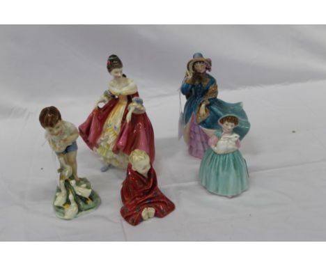Group of Five Royal Doulton and Royal Worcester figures- This little pig HN1793, Bunny HN2214, Delphine HN2136, Southern Bell