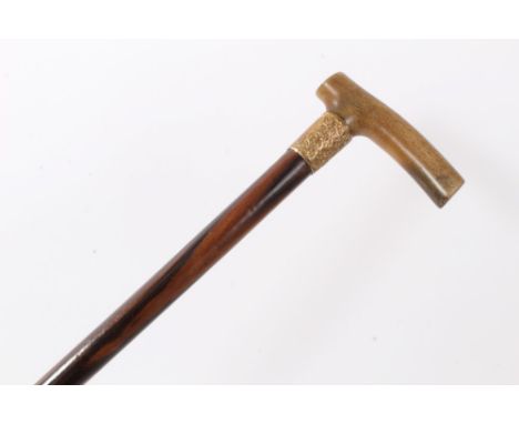 Late 19th/early 20th century Rosewood walking stick with gilt metal collar and Rhino Horn crutch handle, 77cm overall length