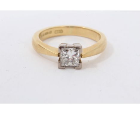 Gold 18ct diamond single stone ring with a princess cut diamond estimated to weigh approximately 0.70cts, in white four claw 