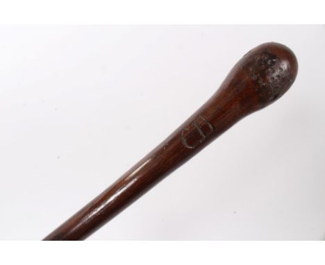 Unusual late 19th century cudgel stick with bulbous handle shaft carved with initial C.B., 93cm length