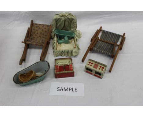 Edwardian and later Dolls House furniture including tin plate, metal, wooden. Candlestick telephone, vacuum , glass and ceram