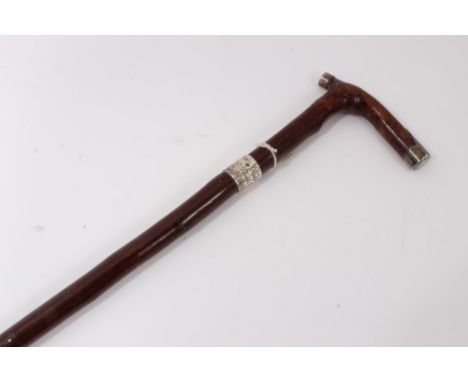 Victorian Cherry walking stick with silver collar engraved Violet Hemery from R.G. Lund 19 Feb 87 "Birdlip Tulips If not Vi n