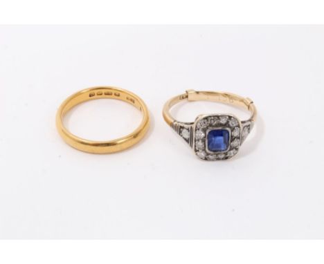 Gold 22ct wedding ring, size K and gold 18ct sapphire and diamond ring, size J (2)Condition report: Gold 22ct ring weighs app